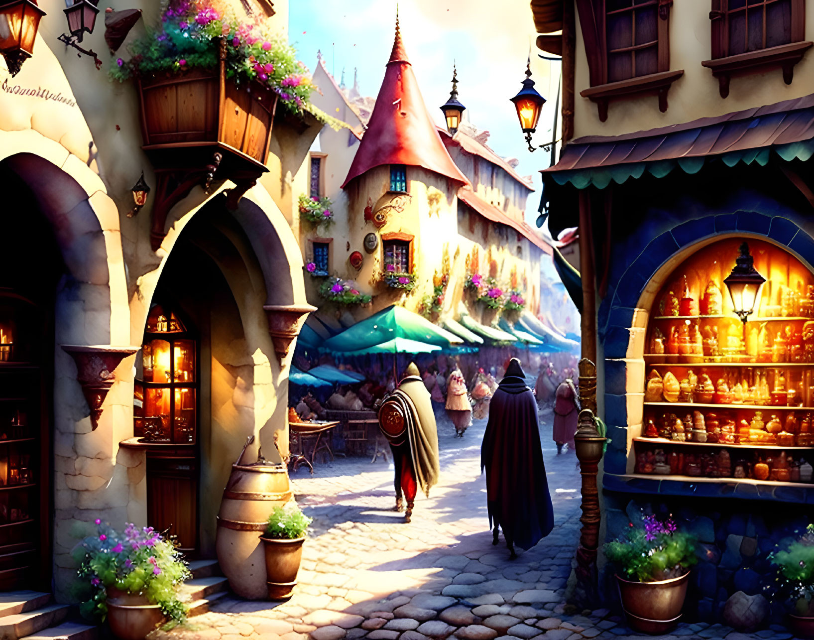 Colorful fantasy village with cobblestone streets and cloaked figures under glowing lanterns