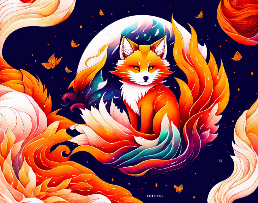 Vibrant mystical fox with fiery tails on dark background.