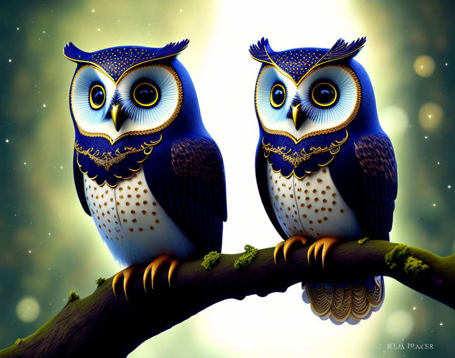 Stylized cartoon owls with intricate feather patterns on a branch against bokeh lights.