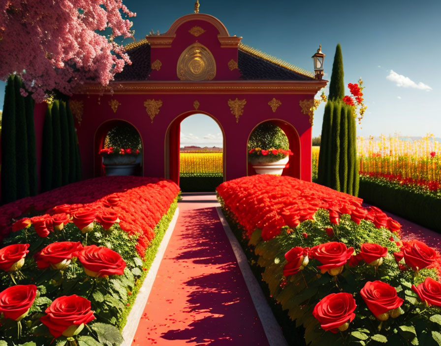 Red and Gold Archway in Garden with Symmetrical Rose Beds