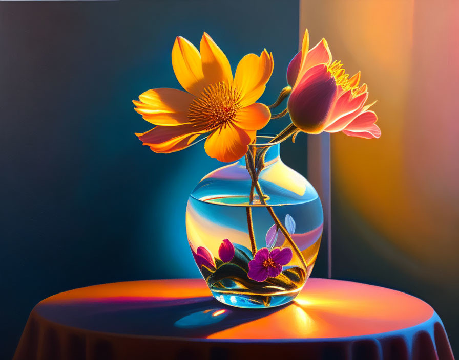 Colorful painting of glass vase with flowers on table in warm light & cool shadow