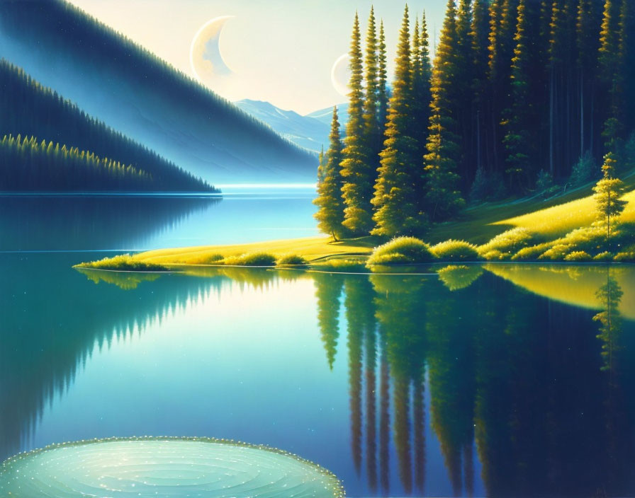 Tranquil Lake Scene with Pine Trees and Crescent Moon