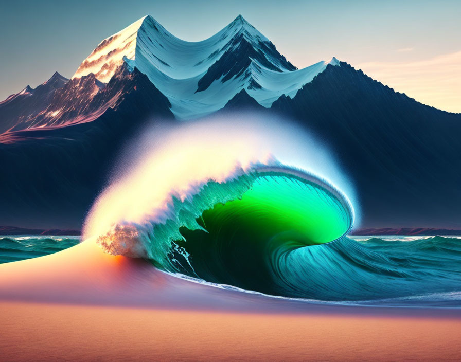 Surreal green-blue wave in desert with snow-capped mountains under pink sky