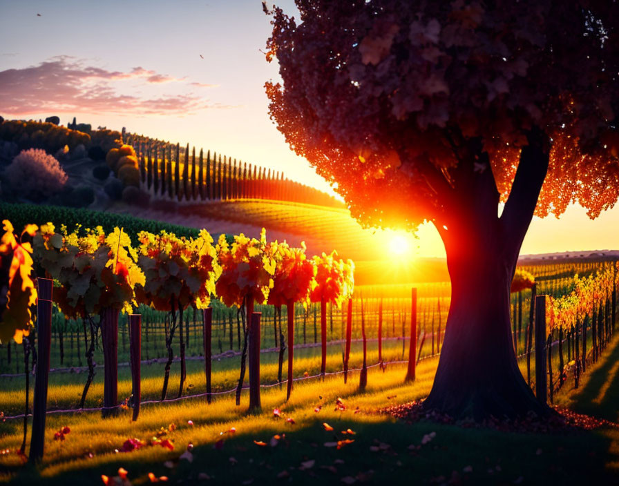 Vineyard at sunset with grapevines, tree, and autumn leaves.