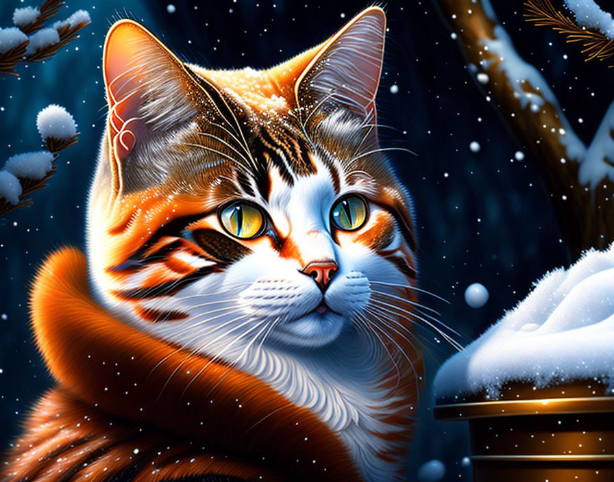 Digital Art: Orange and White Striped Cat with Yellow Eyes in Snowy Night Landscape