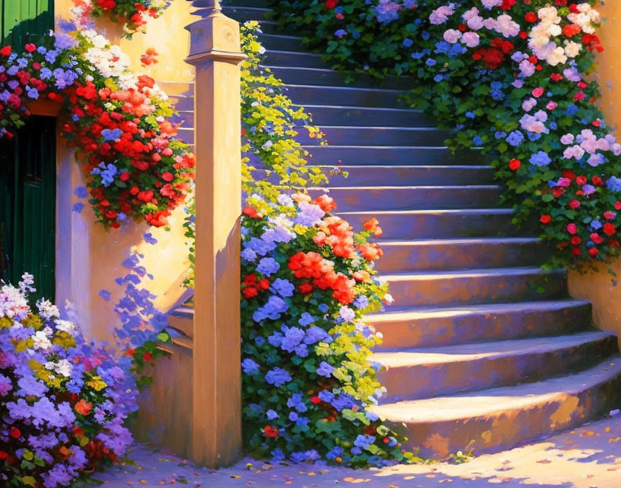 Stone steps with colorful flowers leading to a green door in warm ambiance