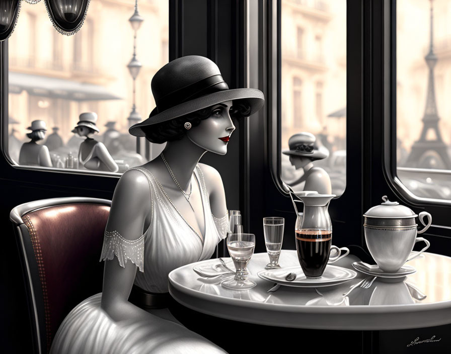 Vintage dressed woman at cafe table with coffee pot and glass, gazing out window.