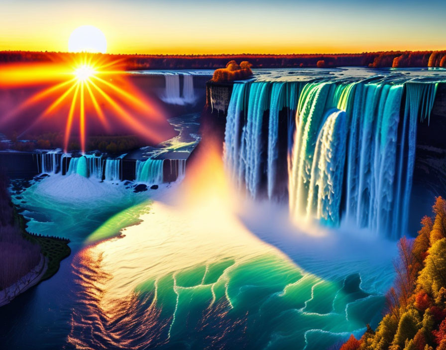 Majestic waterfall at sunset with vibrant colors reflecting on water