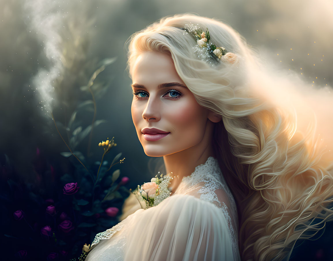 Blonde Woman with Flowers in Hair and Blue Eyes Portrait