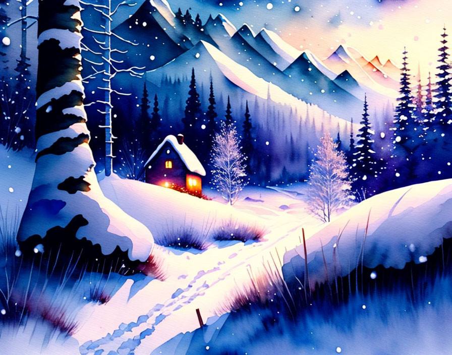 Snow-covered cottage under starry twilight sky surrounded by mountains