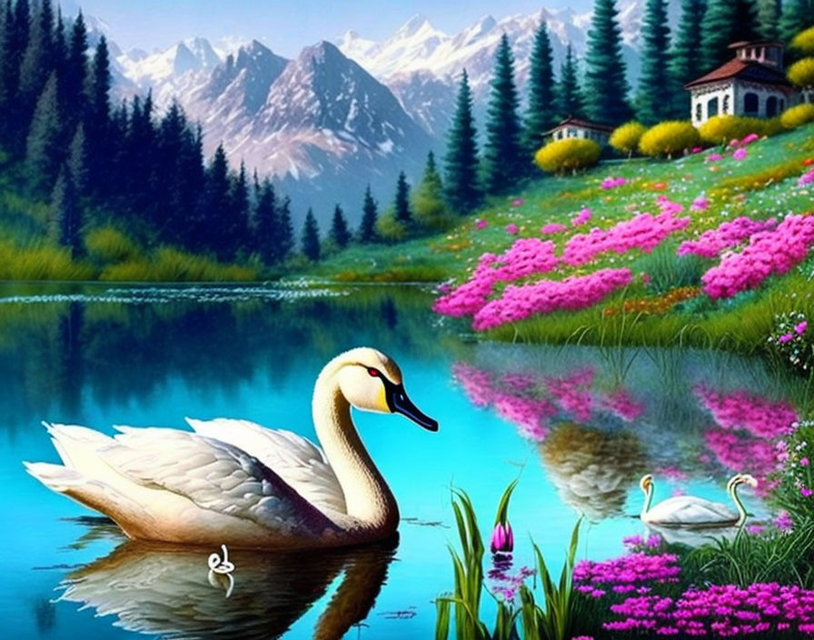 Tranquil landscape with swan, lake, flowers, trees, gazebo & mountains