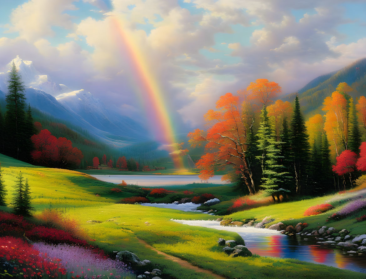 Vivid rainbow over serene landscape with trees, river, and mountains