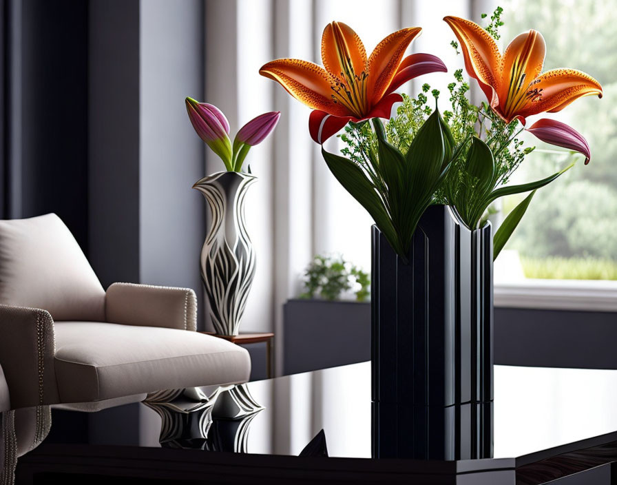 Cream Armchair, Black Coffee Table, Vase with Orange Lilies in Elegant Interior