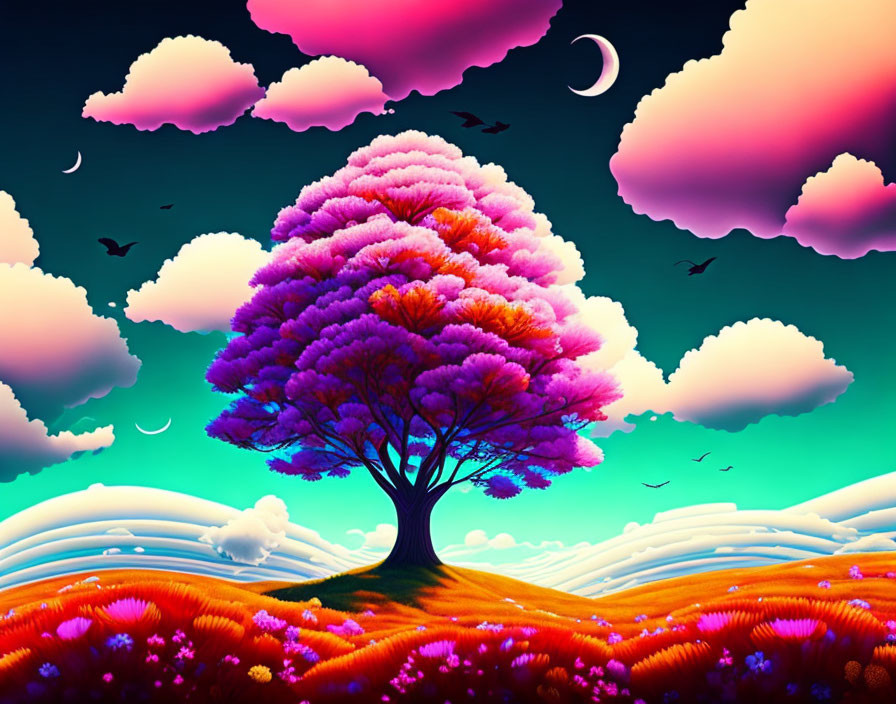 Colorful Fantasy Landscape with Tree, Birds, Moons, and Flowers