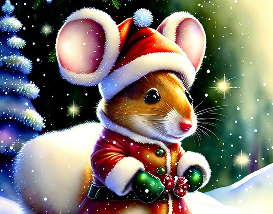 Illustrated mouse in Santa hat holding green ornament in snowy scene