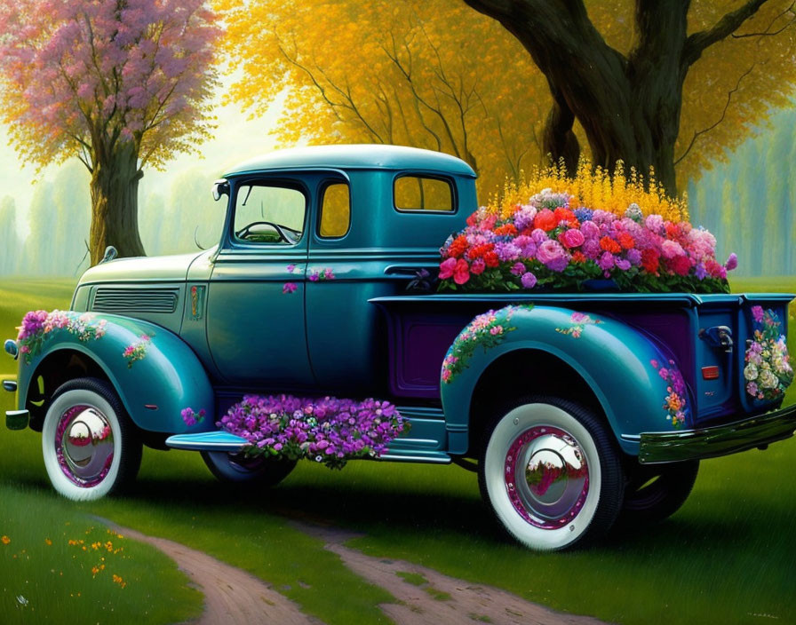 Vintage Blue Truck with Colorful Flowers in Cherry Blossom Park