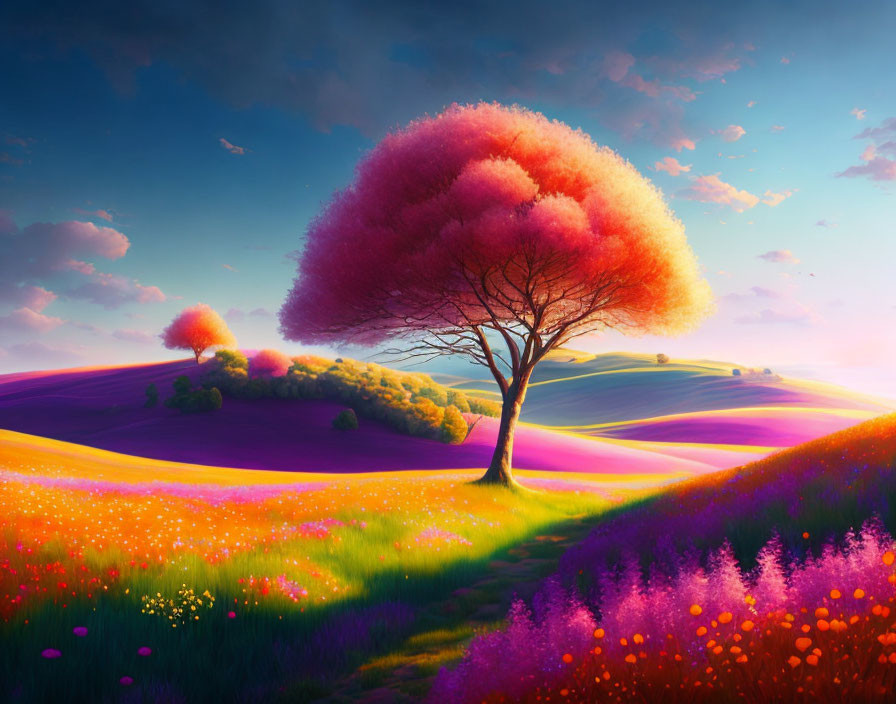 Colorful landscape with purple hills, red tree, wildflowers, and sunset sky