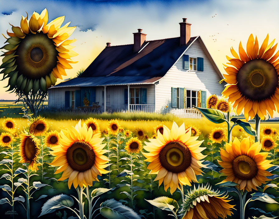 White House with Sunflower Field and Windmill in Clear Sky