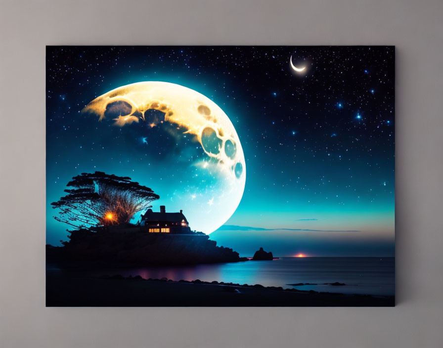 Surreal night scene canvas print: large moon rising over coastal cliff house.