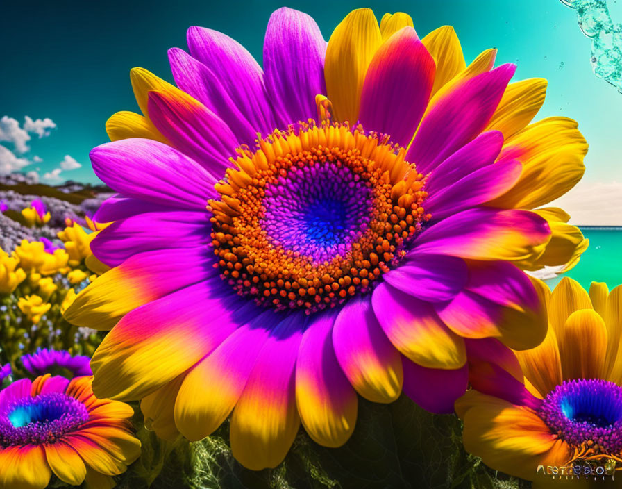 Close-up photo of pink and yellow daisy against vivid blue skies and beach background