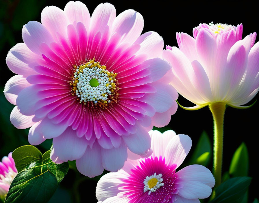 Vibrant pink and white flowers with yellow centers on dark green background