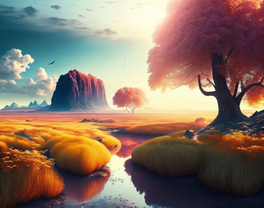 Vibrant surreal landscape with orange moss, pink tree, water stream, and bird