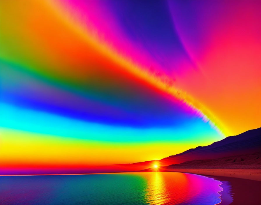 Vivid surreal sunset over calm beach with psychedelic colors.