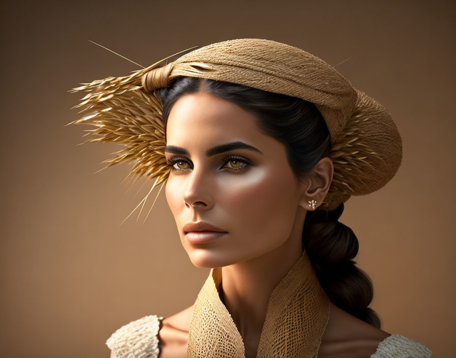 Fashionable woman with braid and beige hat on warm background