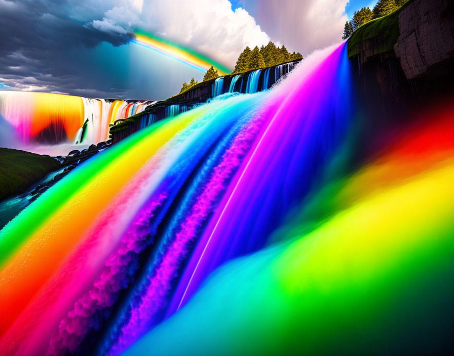 Digitally altered waterfall with rainbow colors against dramatic sky