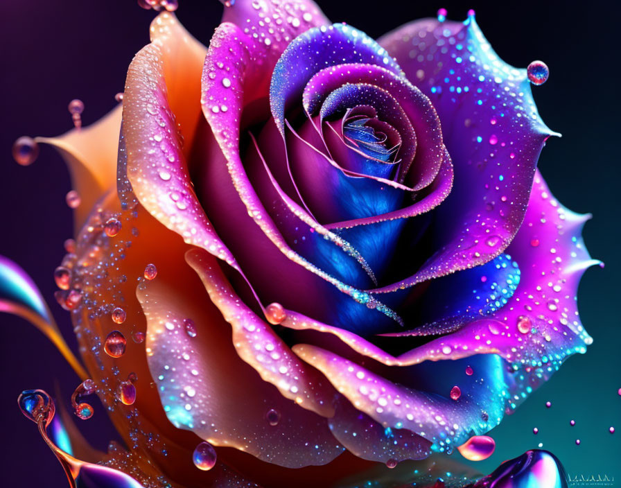 Digitally-rendered rose with orange to blue gradient petals and sparkling water droplets on dark background