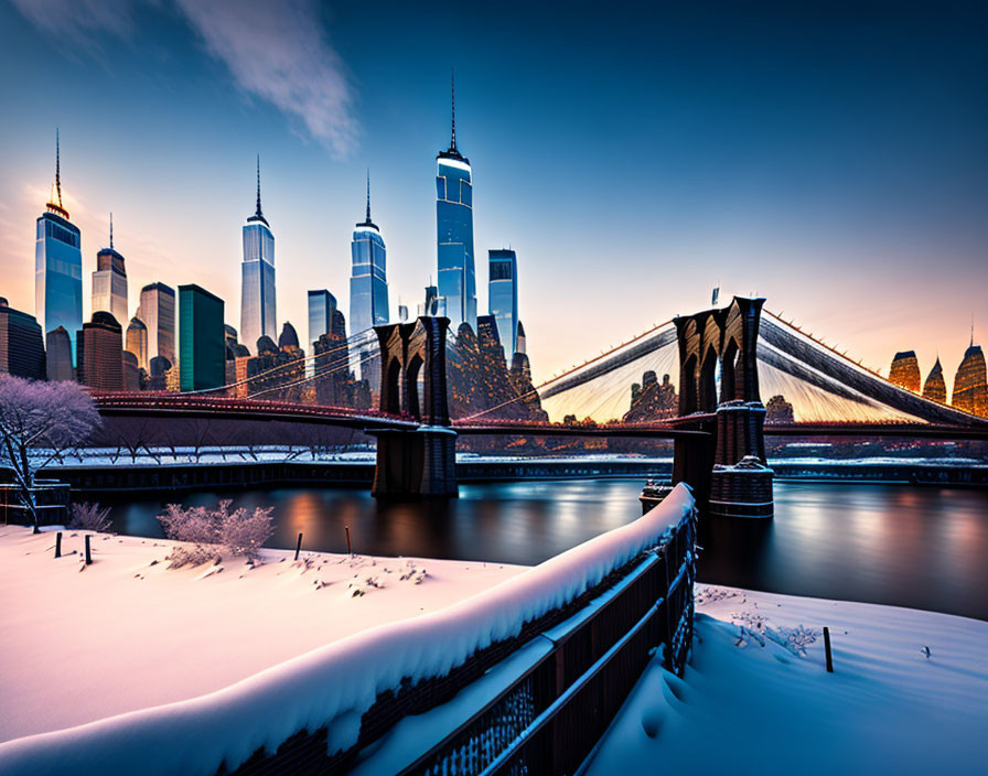 Winter scene of Brooklyn Bridge and Manhattan skyline at dusk