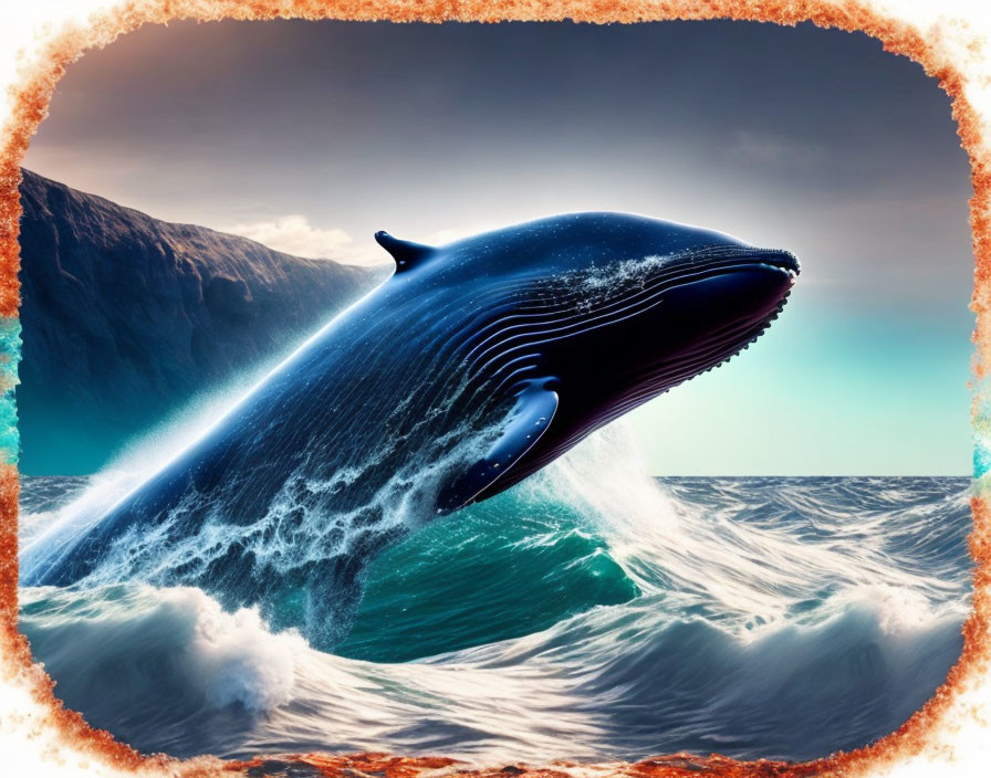 Blue whale breaching ocean with dramatic sky and cliffs