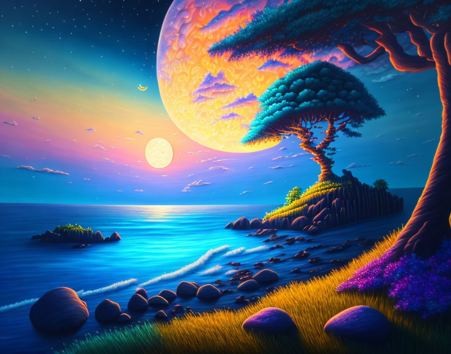 Colorful trees under rising moon in surreal landscape