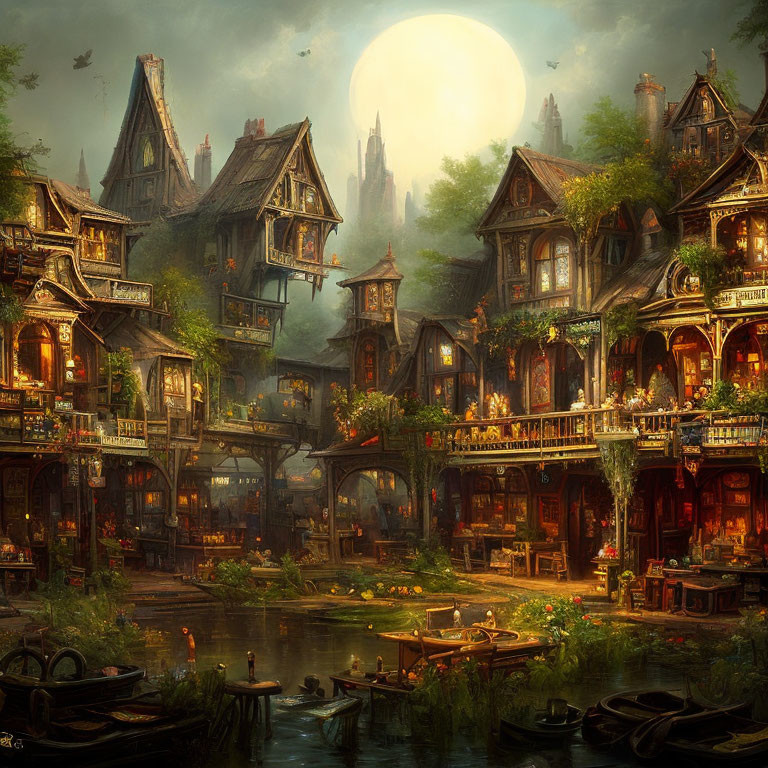 Mystical village with ornate houses by river under large moon