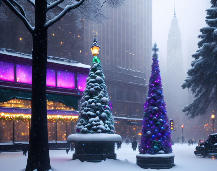 Snow-covered Christmas trees and city street lamp in twilight snowfall