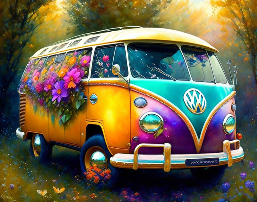 Colorful Volkswagen Van Painting in Autumn Forest Background