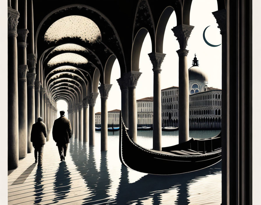 Silhouetted figures in flooded arcade with Venetian architecture