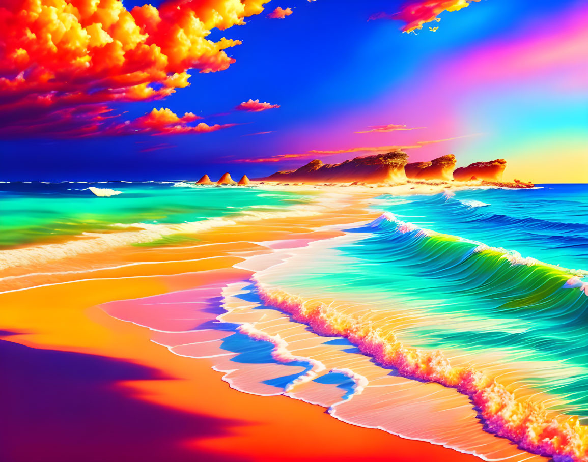 Colorful Digitally Altered Beachscape with Vivid Sky and Ocean Waves