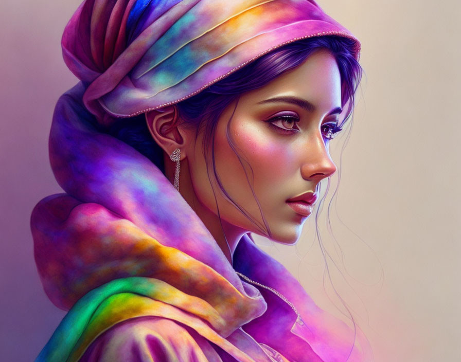 Detailed digital illustration of woman with colorful turban and solemn expression