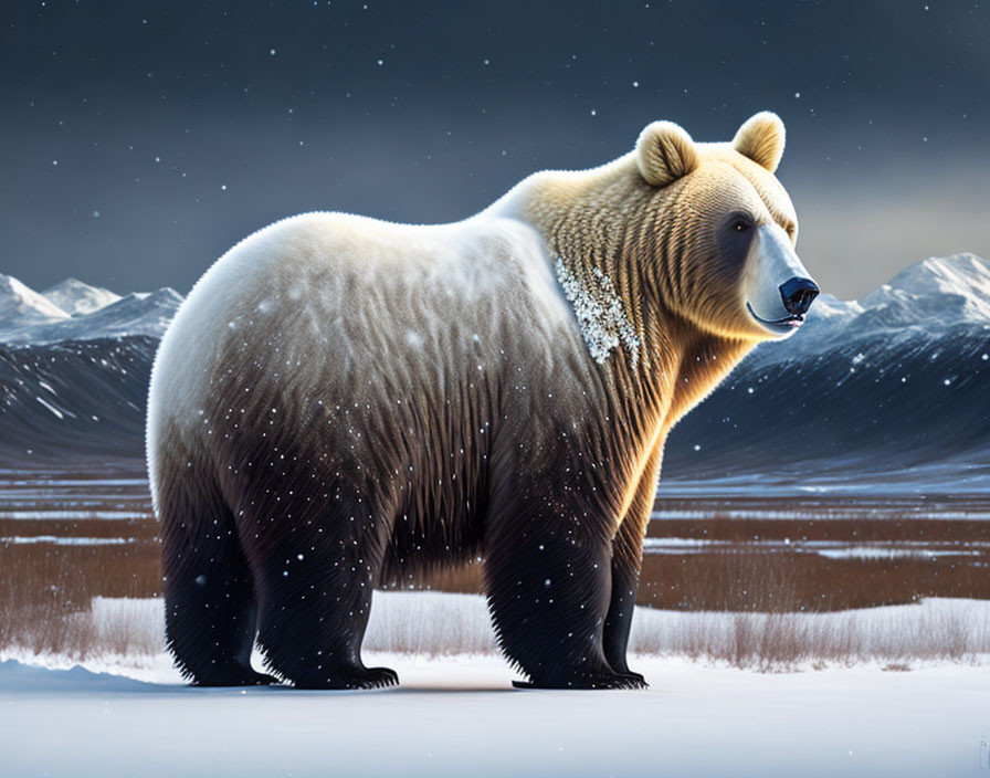 Brown Bear in Snowy Landscape with Mountains and Twilight Sky