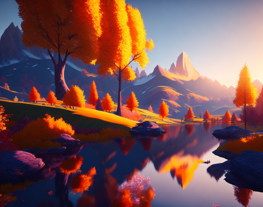 Scenic autumn landscape with reflective lake, colorful foliage, and majestic mountains