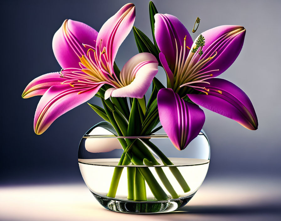 Pink lilies with prominent stamens in clear vase on grey background