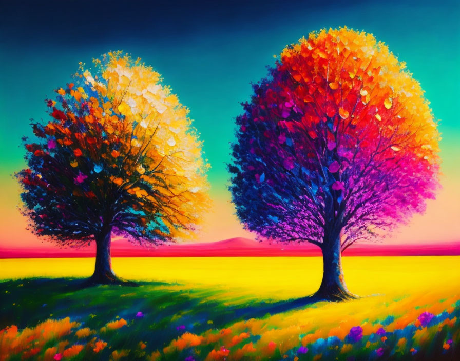 Colorful sunset landscape with two trees and meadow