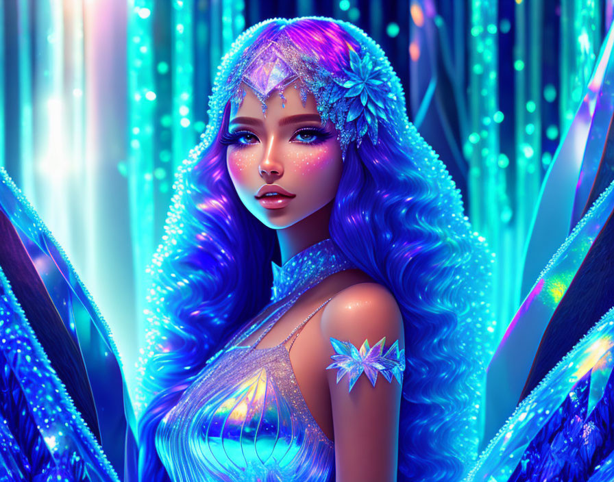 Fantasy illustration: Woman with blue hair and crystal adornments on neon blue background