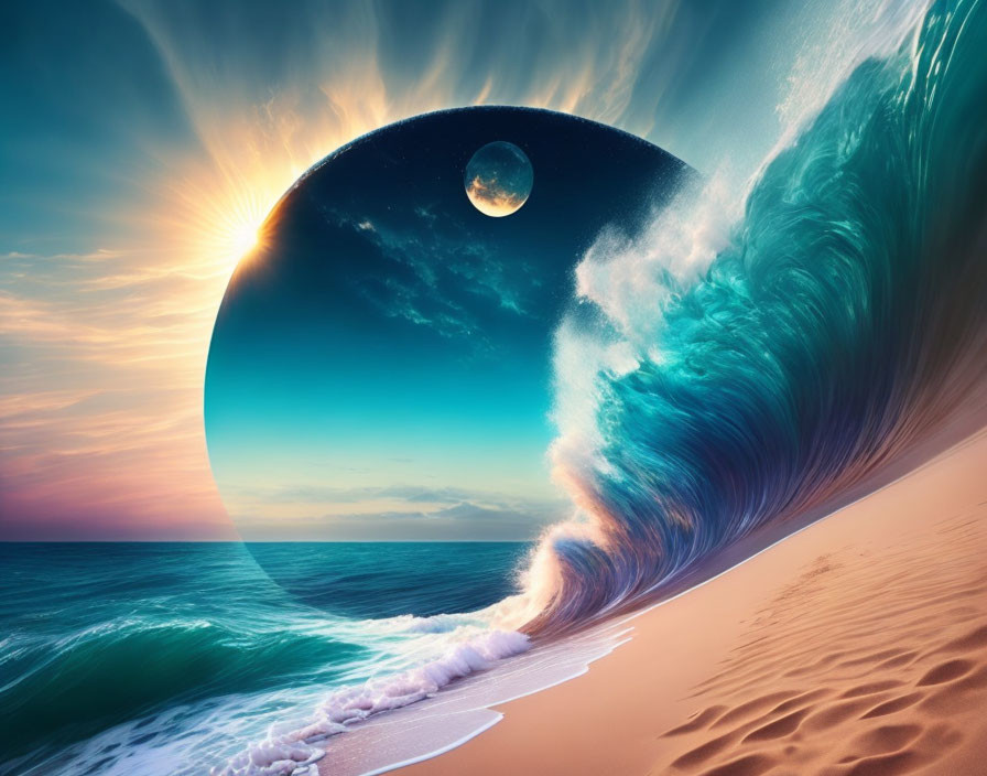 Surreal beach scene with towering wave and celestial sphere at sunset