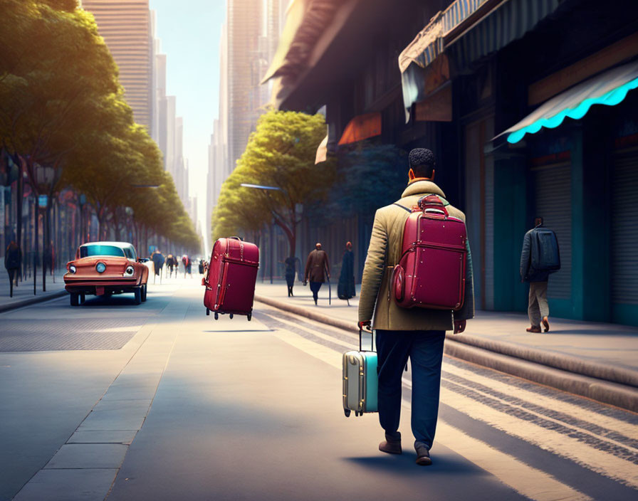 Man with walking luggage and animated suitcases in city street scene.