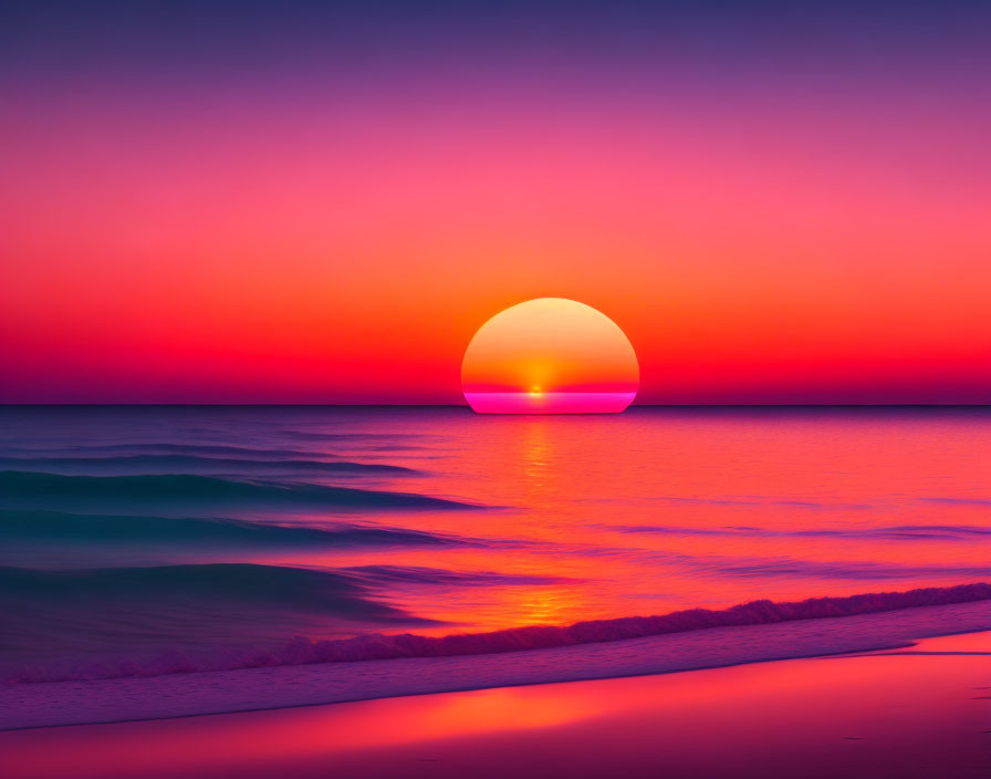 Scenic sunset over calm ocean with pink-purple sky & large sun