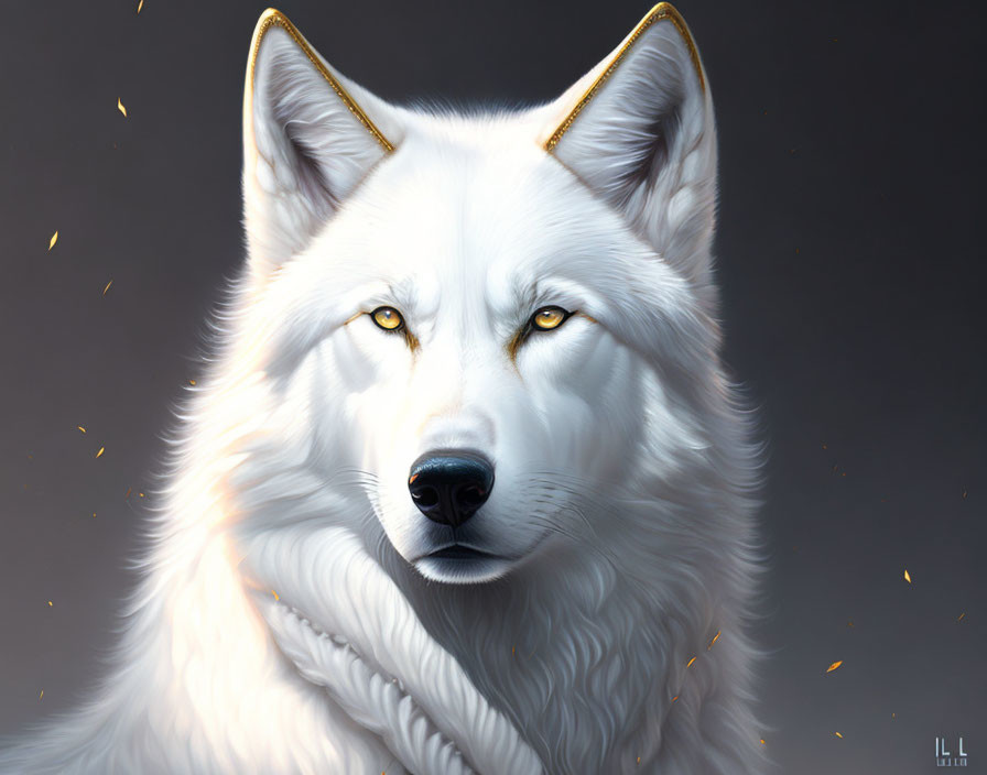 Majestic White Wolf with Yellow Eyes in Golden Glow