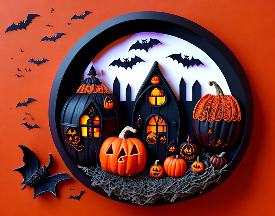 3D Paper Art Halloween Scene with Pumpkin Houses and Spooky Trees