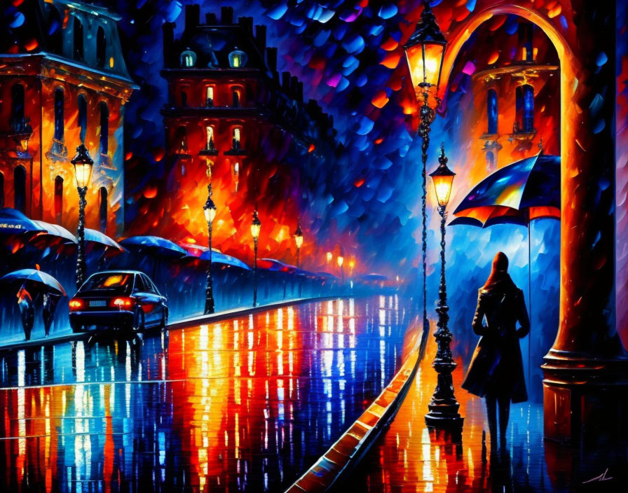 Colorful painting: Rainy city evening with person, umbrella, street lamps & buildings